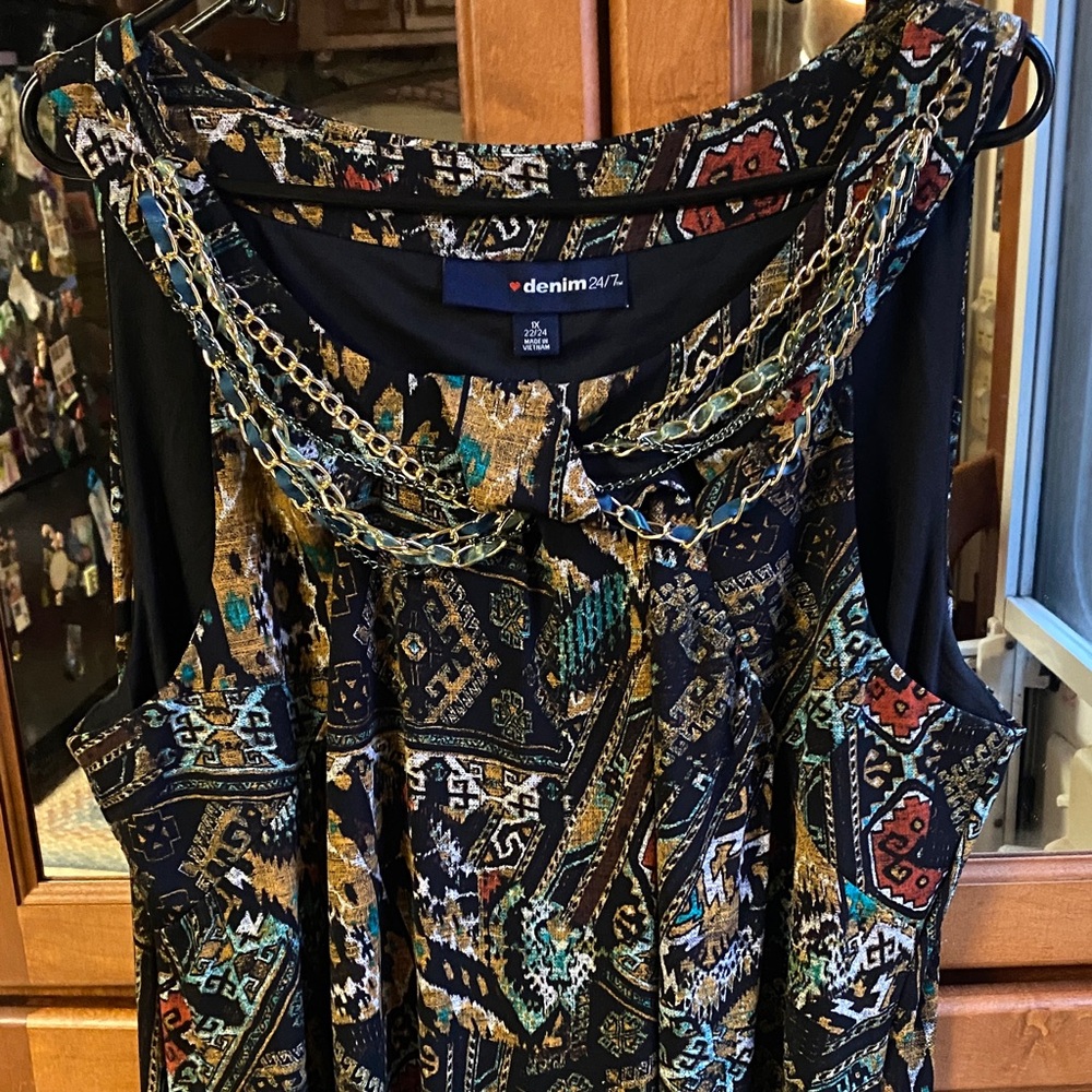 Denim 24/7 Vibrant Patterned Sleeveless 1X Maxi Dress Boho Hippie Summer Fall - Picture 3 of 10